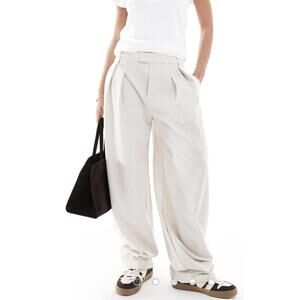 Bershka Wide Leg Pleated Front Tailored Trousers in Ecru